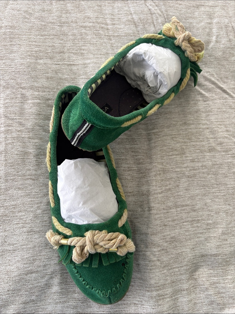 Green Rope-Trim Moccasin Slip-Ons